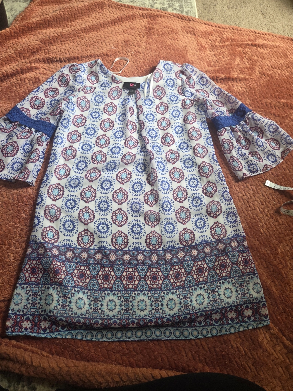 Size 14 Iz Byer White Tunic Dress with Blue and Maroon Medallion Print